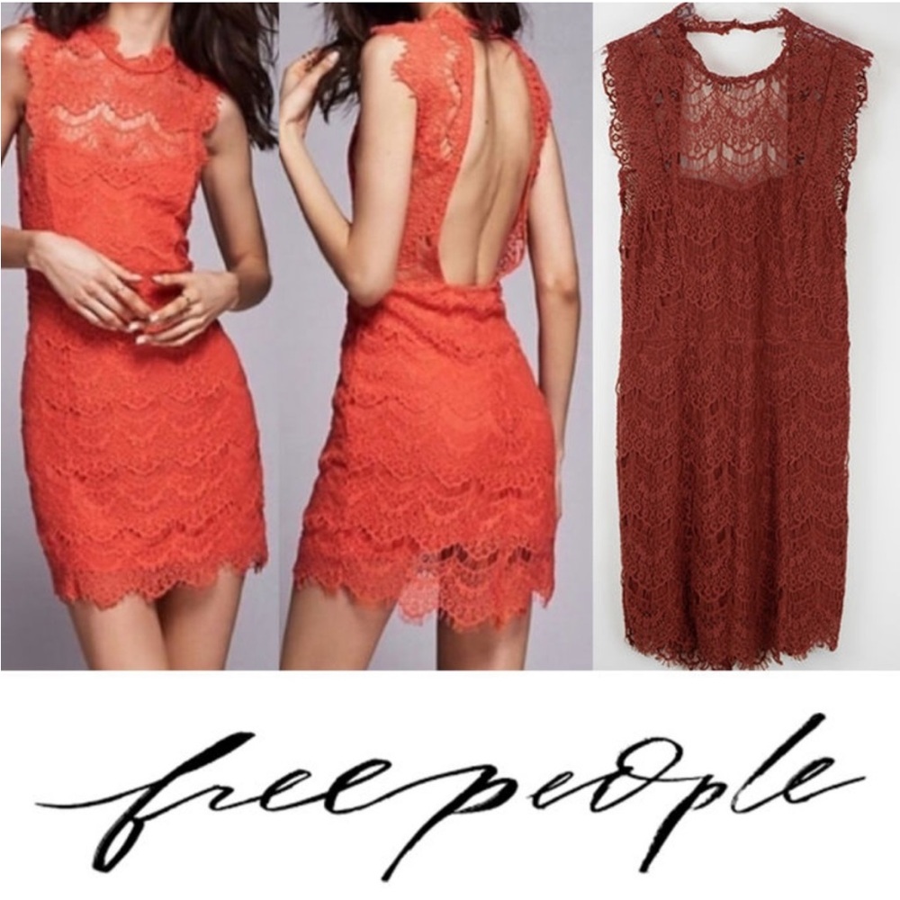Free People Daydream Lace Mini Dress Rust Brown